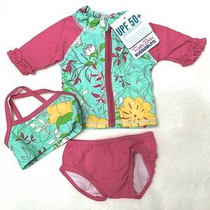 NWT Ruffle Butts Serenity 3 Piece Swim Suit and Rash Guard